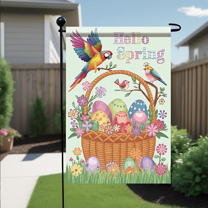 Starlit Patio Hello Spring Garden Flag Corn Poppy 12x18 Inch Double Sided Happy Easter Garden Flag Colorful Easter Eggs Birds Summer Outside Floral Yard Decoration Outdoor Flag Decor
