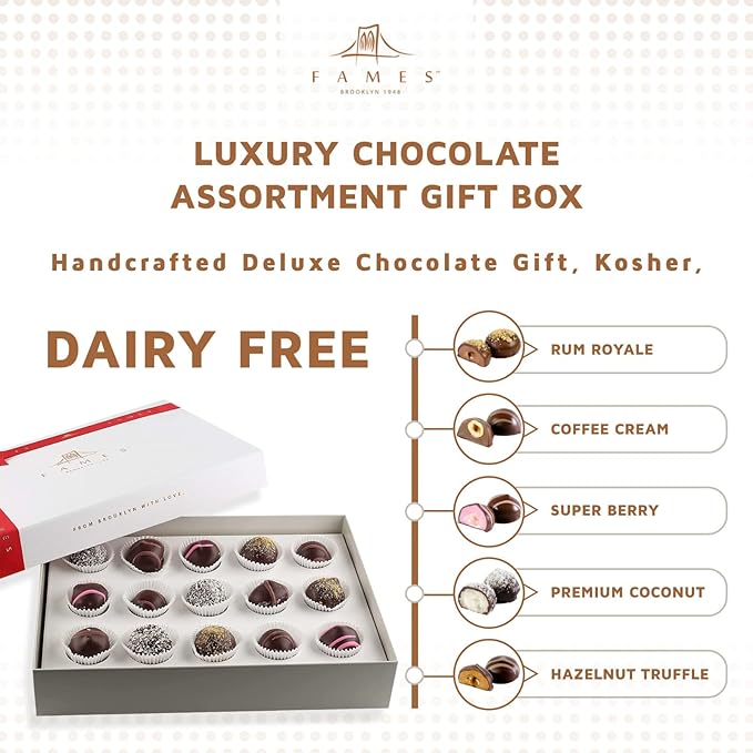 Luxury Chocolate Deluxe Assortment Gift Box - Kosher, Dairy Free and Chocolate Candy, Coffee Cream, Premium Coconut, Berry Filled, Rum, & Hazelnut Truffle - Fancy Valentines Chocolate Gift Box