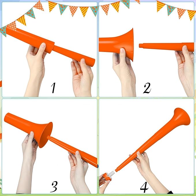 6 Pcs Collapsible Stadium Horn for Adult, 21 Inch, Plastic Vuvuzela Trumpet Noisemakers for Sports Events, Carnivals, Parties, Orange
