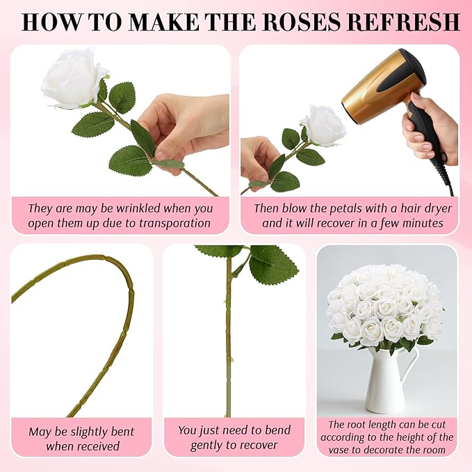 Roses Artificial Flowers, Fake Velvet Silk Roses in Bulk for Home Decor Indoor, Fake Roses Realistic Flowers with Stems for Wedding Centerpiece Party Decor (24, White)