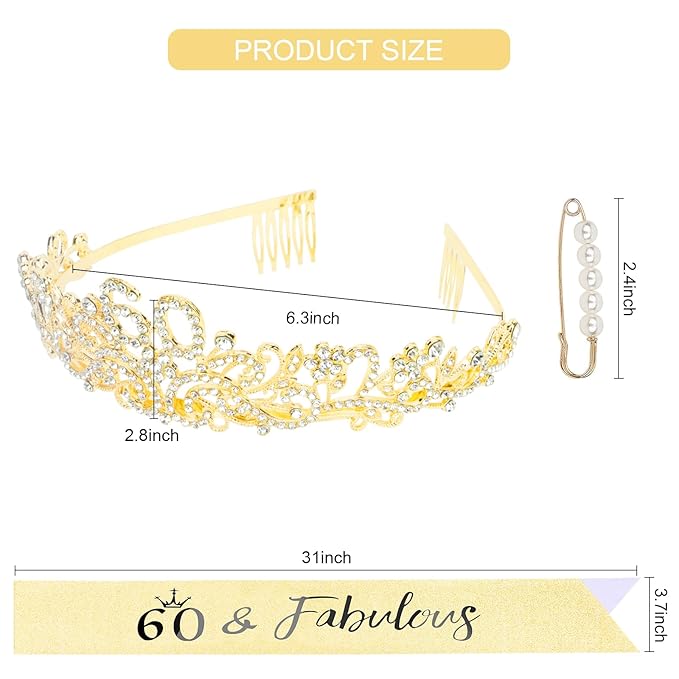 CIEHER 60th Birthday Decorations for Women - 60th Birthday Crown + 60 & Fabulous Birthday Sash + Pearl Pin Set, Gold 60th Birthday Tiara, 60th Birthday Gifts Women Friends
