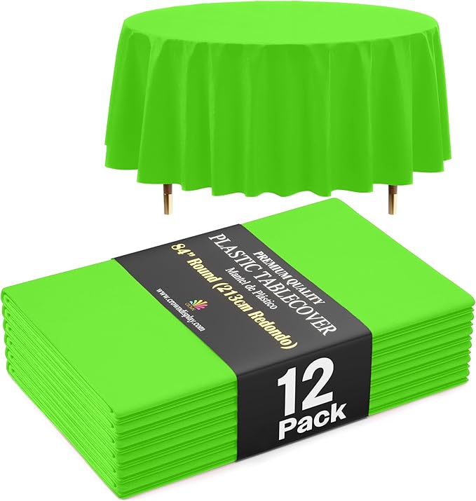 Exquisite 66% Thicker Premium Lime Green Round Tablecloth 0.5 Mil 12 Pack Plastic Table Cloth Disposable 84 Inch Round Plastic Tablecloth Won't Tear Easily Like Cheap Thin Brands