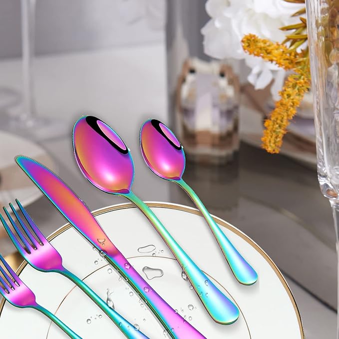 Rainbow Spoons,Set of 16 Top Food Grade Stainless Steel Spoons Silverware, Big Tea Spoons,6.7 Inches,Mirror Finish & Dishwasher Safe,New Apartment Essentials Flatware
