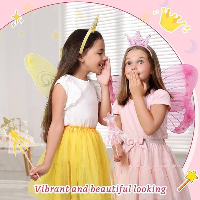 12 Pcs Princess Party Favors Including 6 Glitter Star Fairy Wands and 6 Sequin Princess Crown Headbands for Girls Birthday Party Gifts