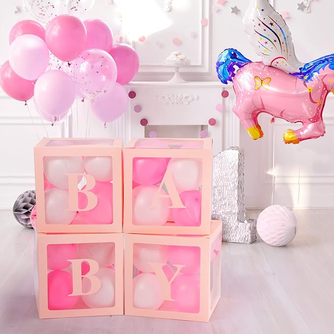 Baby Boxes with Letters for Baby Shower Decorations - 4 Transparent Balloon Boxes for Girl Baby Gender Reveal Decorations (Pink)