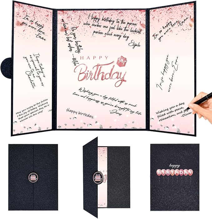 Crenics Black and Pink Happy Birthday Decorations for Women, Creative Birthday Guest Signature Book Alternative 18" x 12", Awesome Birthday Gifts for Girls