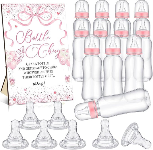 TrelaCo Cool Baby Shower Games Bottle Chug Sign and 12 Pcs Baby Bottle Shower Favor Baby Bottles for Baby Shower Games Gender Reveal (Pink Bow)