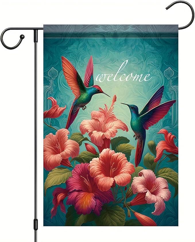 Starlit Patio Hummingbird Spring Flowers Garden Flag 12 x 18 Inch Double Sided Hummingbird Floral Welcome Garden Flag Seasonal Spring Summer Welcome Yard Outdoor Small Flag