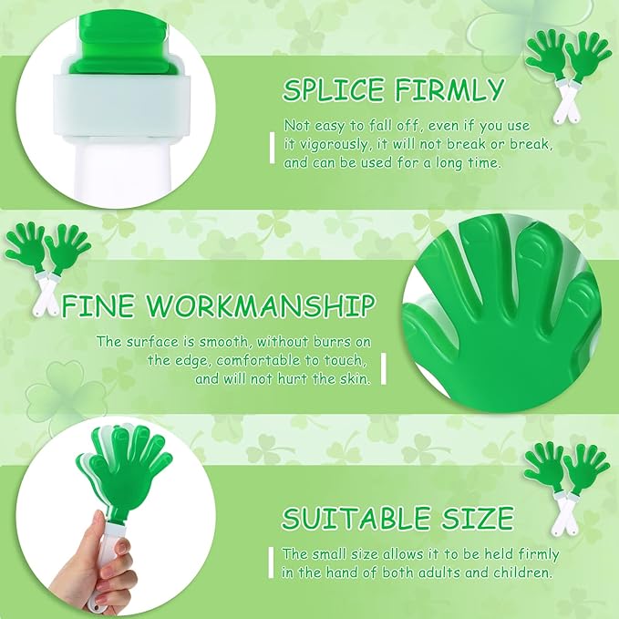 50 Pcs 7.5 Inch Green/White Hand Clapper Plastic Noise Makers for Sporting Events St. Patrick's Party Hand Clappers Noisemakers for St. Patrick's Day Party Favors Birthday Sports Game Celebration