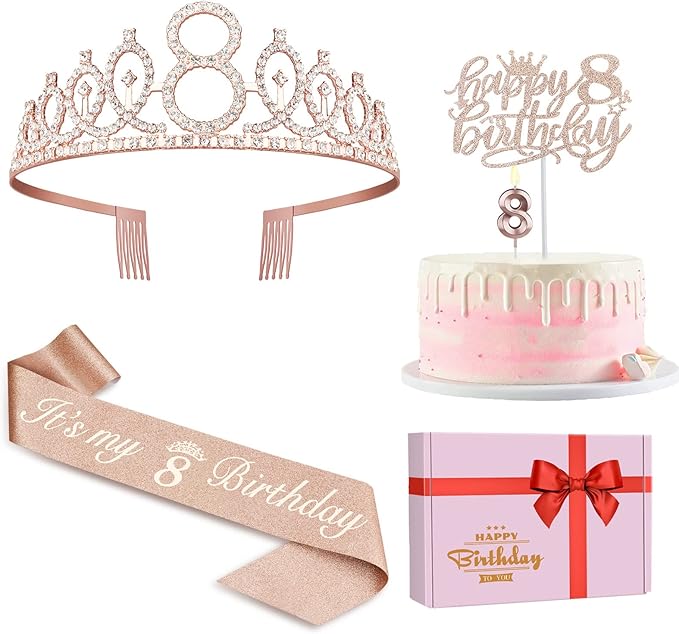 8th Birthday Decorations for Girl Including Sash, Crown, Numeral Candle and Cake Topper, 8 Year Old Girls Party Favor Supplies