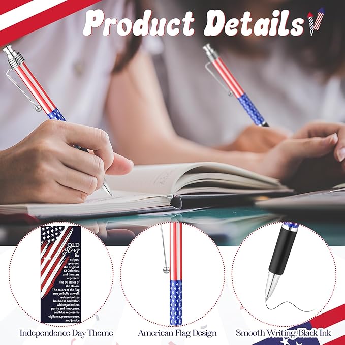300 Sets American Flag Ballpoint Pens Bulk USA Patriotic Themed Black Ink Retractable Pen Stars Stripes Bookmarks Stationery Easter Party Gifts for Home Office Army Veterans Souvenirs