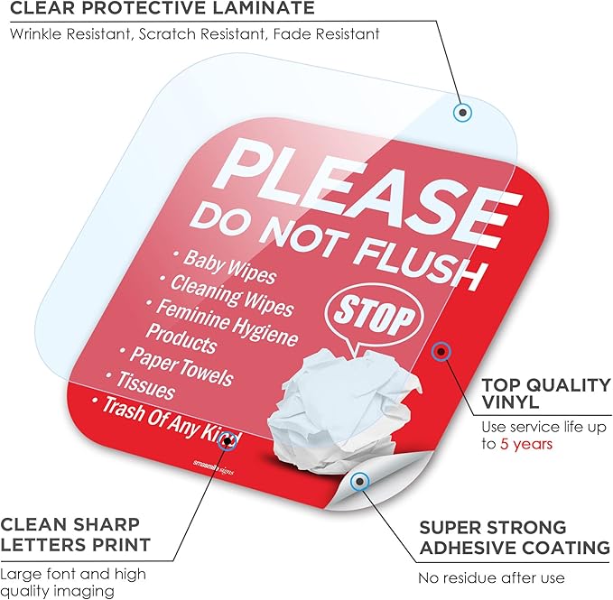 Please Do Not Flush Sign 10 Pack 6"x 6" Please Do Not Flush Anything Except Toilet Paper Sign Self Adhesive Decal