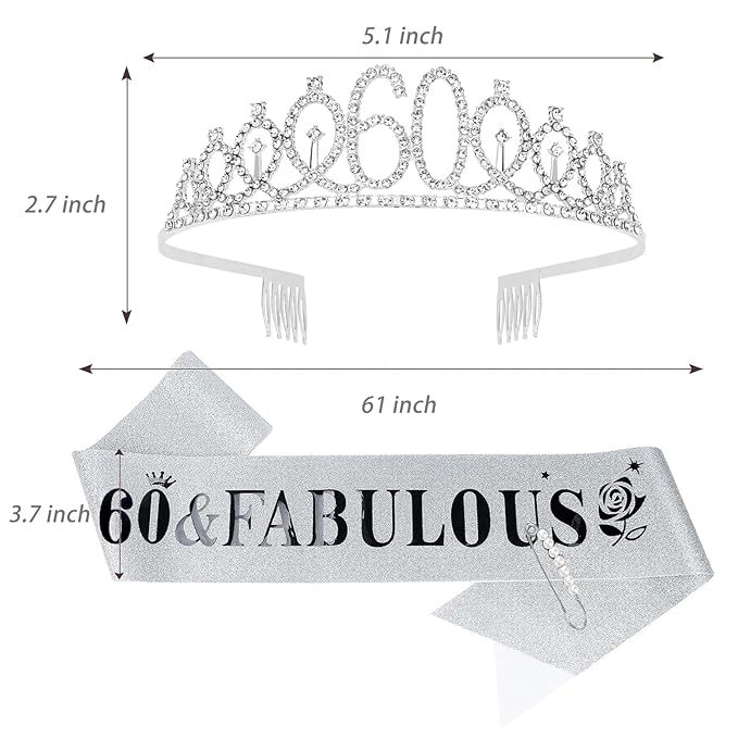 Casoty Silver 60th Birthday Sash and Tiara, 60th Birthday Party Decorations Gifts for Women, 60 Crown and 60 & Fabulous Sash Set Party Supplies Favors for Women Gifts for Her