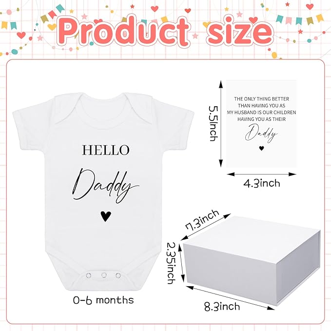 4 Pcs Pregnancy Announcement for Husband, Hello Daddy Baby Bodysuit, Hello Daddy Pregnancy Reveal Card Baby Reveal Gift Box Baby Announcement Gifts Set for Husband Partner