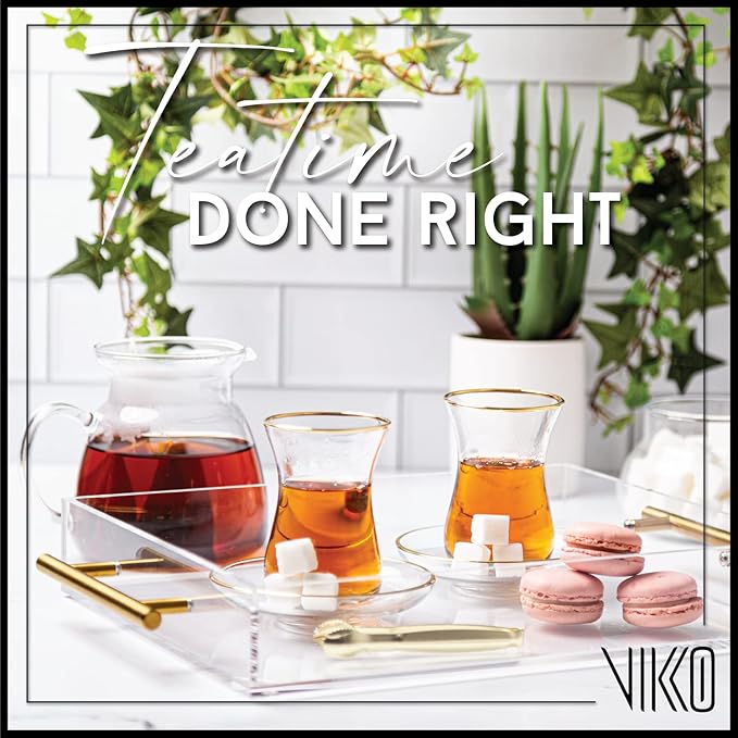 Vikko Turkish Tea Glasses & Saucers, Set, 6 Cups and 6 Plates, 5.5 Oz Tea Cups, Turkish Glass Tea Set For Six, Clear Glass Tea Cups And Saucers, Gold Accented