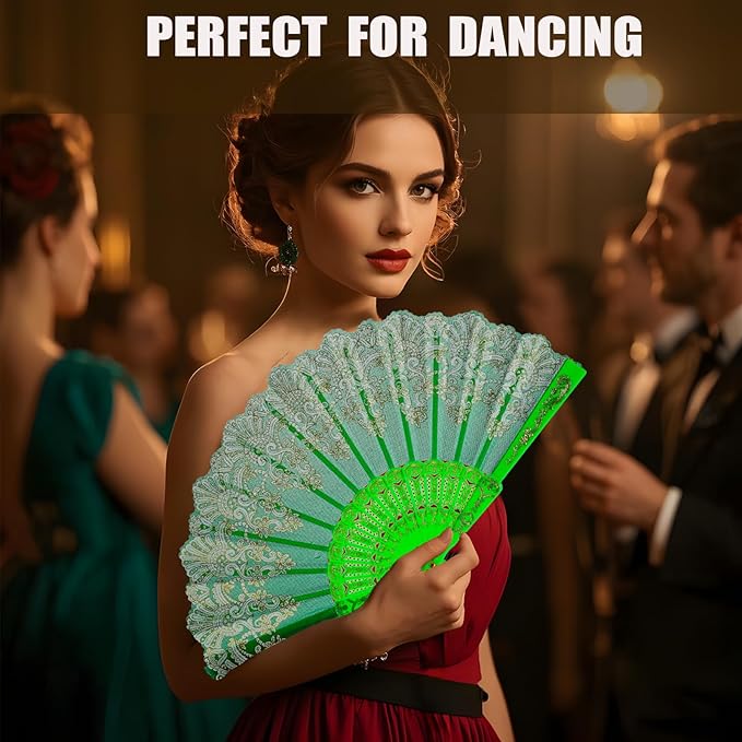 QIRMIZI 10 Pack Folding Handheld Fans,Silk Spanish Fan, Perfect for Weddings, Parties, and Dancing,Green