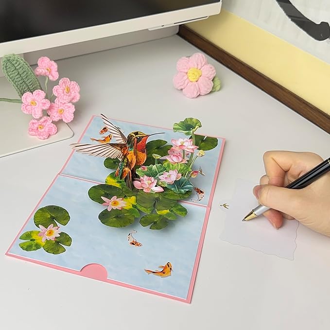 Pop Up Birthday Cards for Women, Hummingbird 3D Birthday Card, Beautiful Hummingbird and Lotus with Koi Fish Design, Pop Up Cards All Occasion for Mother, Mom, Her, Granmother and Daughter, Mothers Day Card