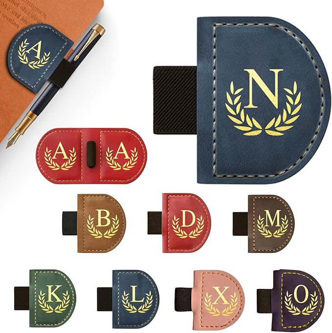 Personalized Leather Magnetic Bookmark with Pen Holder, Custom Bygone Mark Bookmark with Pen Holder, Custom Bookmarks with 26 Letters for Reading Women, Men, Teachers, Book Lovers（Blue，N）