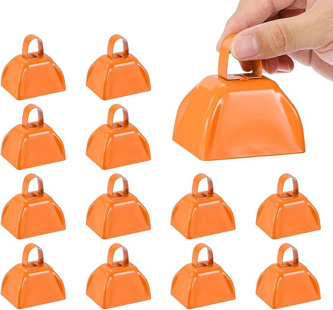PATIKIL 3inch Cow Bells for Football Games, 12pcs Cowbells for Sporting Events Bulk Loud Noise Makers Metal Cow Bell with Handle for Cheering Competition Marathon Wedding DIY Paint, Orange