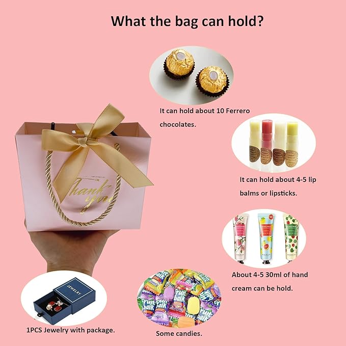 TKSBAG 50Pack Small Thank You Gift Bags With Handles-5.5''x 2.5''x4.7'' Mini Pink Gift Bags Bulk for Baby Shower, Birthday, Wedding, Party Favors