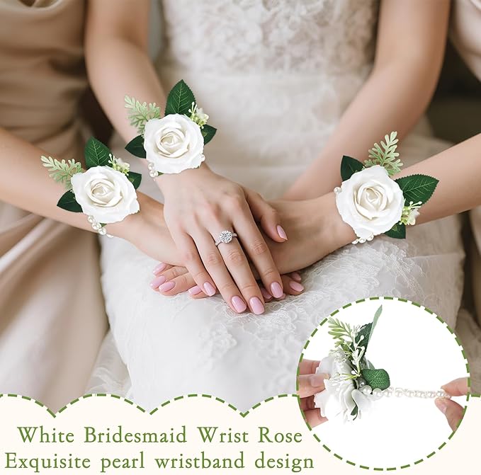 20 Pcs White Rose Corsage and Boutonniere Set, Boutonniere for Men and Wristlet Band,Prom Flower Wrist Corsage Bracelet for Wedding Ceremony Accessories Prom Suit Decorations