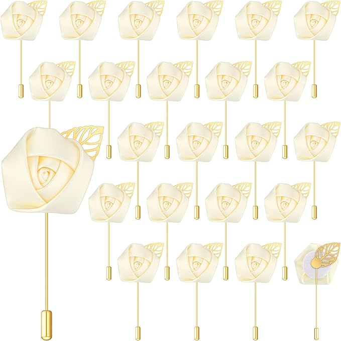 Zeyune 24 Pcs Boutonniere Rose Boutonniere Wedding Buttonholes Pocket for Men Wedding for Prom Party(Cream)
