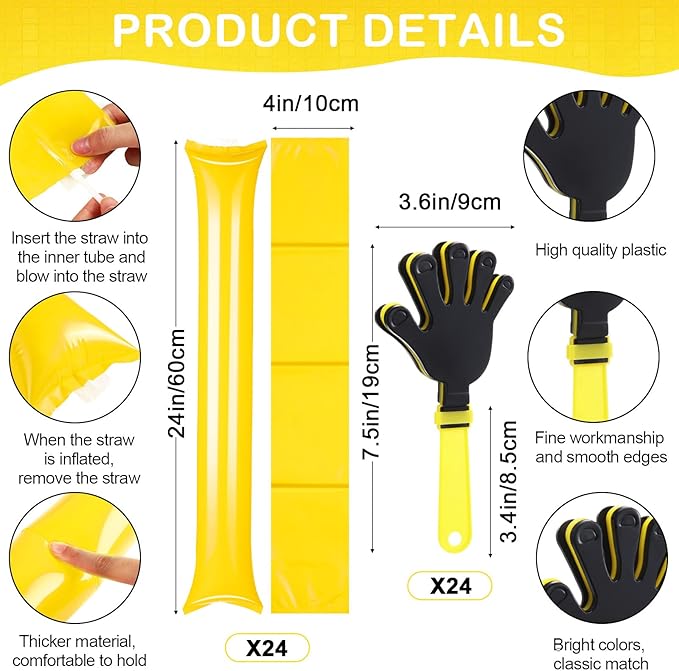 Yunsailing 96 Pcs Noisemakers Team Spirit Accessories for Game Day Include Hand Clappers Cheerleading Pom Pom Thunder Stick Cheer Party Blower Plastic Whistle for Sport Fans(Black Gold)