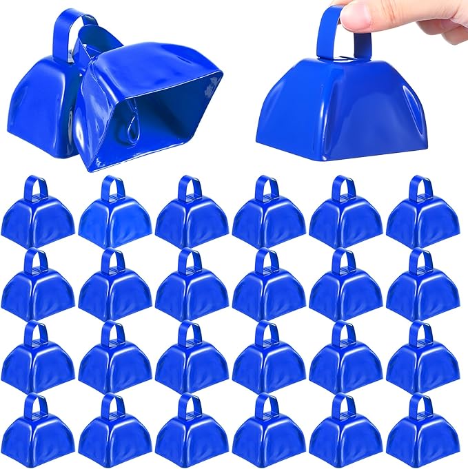 24 Pcs Metal Cowbells with Handle, Cow Bells Noise Makers for Sporting Events, Small Cow Bell Loud Bells Noisemaker Hand Percussion Cow Bells Noise Makers for Sporting Events, Football Games (Blue)