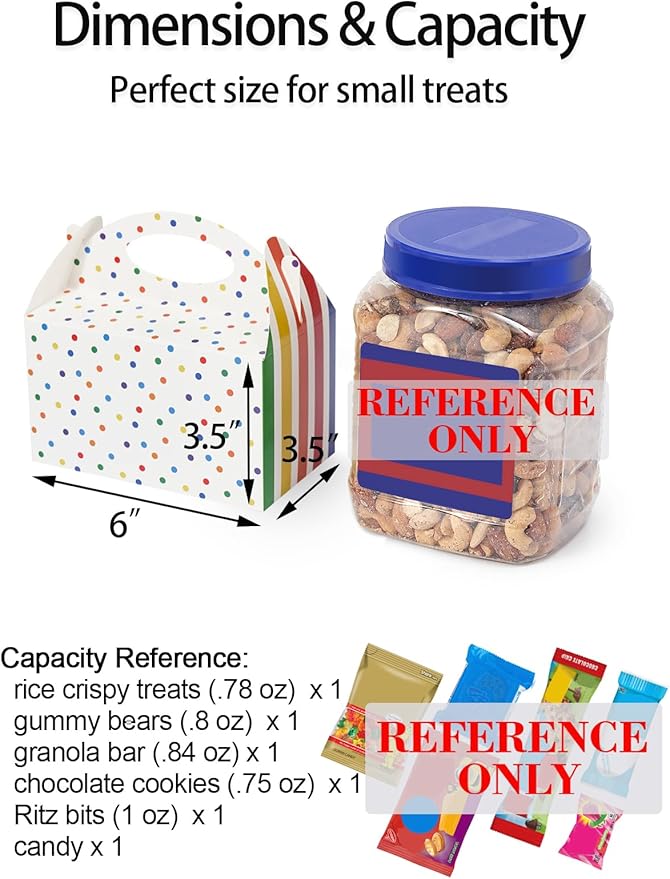 P6RB12 Happyhiram Favor Boxes 12 Pcs for Kids Birthday Box, Polka Dot and Striped Birthday Goodie Treat Boxes with Handles 6" Gable Boxes Colorful Candy Boxes Party Favor Paper Gift Boxes