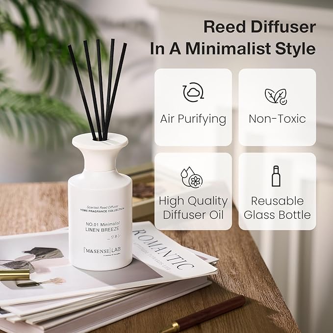M&SENSE Reed Diffuser Set, 10.14 fl oz Large Reed Diffuser, Linen Breeze Scented with Natural Essential Oils, Long Lasting with 7 Sticks, Non-Toxic Home Fragrance Reed Diffuser for Bedroom, Bathroom
