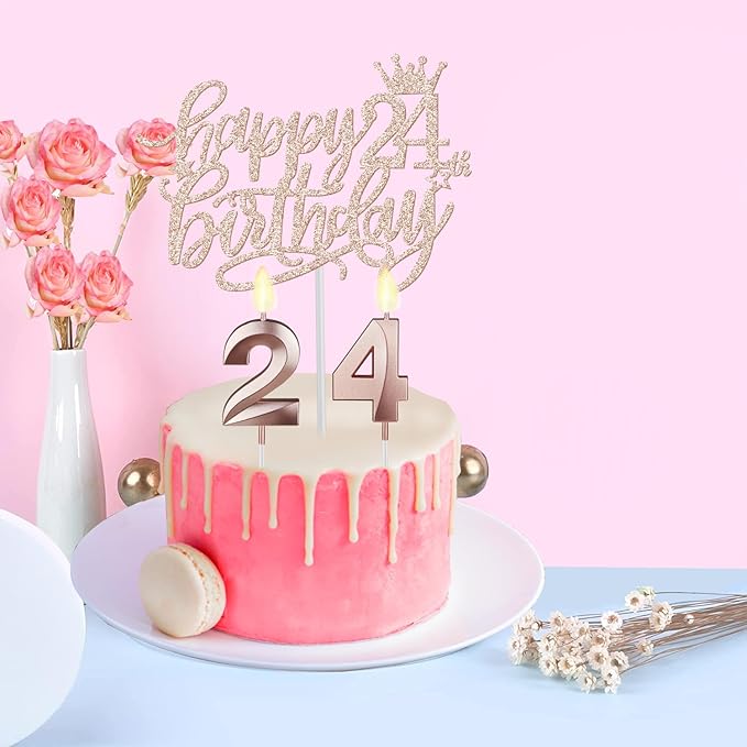24th Birthday Decorations for Women Including Birthday Sash, Tiara/Crown, Numeral Candles and Cake Topper, 24 Year Old Gifts for Women, Rose Gold Party Decor Supplies