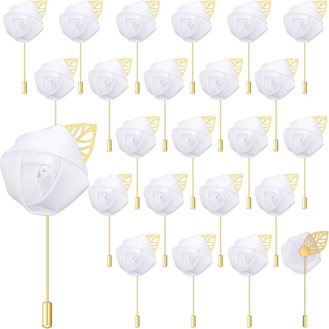 Zeyune 24 Pcs Boutonniere Rose Boutonniere Wedding Buttonholes Pocket for Men Wedding for Prom Party(White)