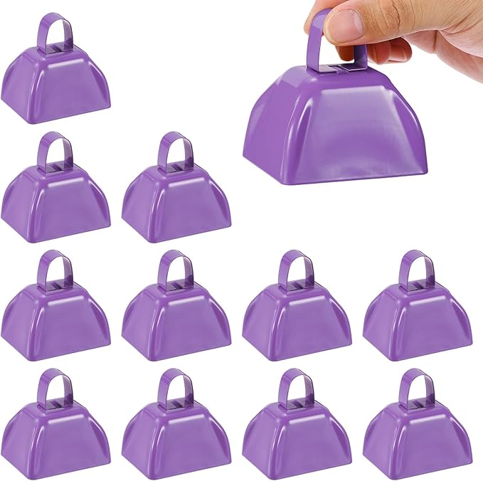 PATIKIL 12pcs Cow Bells for Football Games, 3inch Cowbells for Sporting Events Bulk Loud Noise Makers Metal Cow Bell with Handle for Cheering,Light Purple