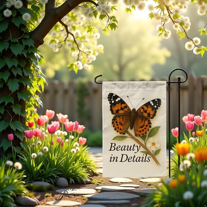 FLAGMEUP8386 Welcome Butterfly Garden Flag 12x18 Inch Double-Sided Polyester Fall Flag with Painted Lady Butterfly on Branch and Blossoms, “Beauty in Details Quote Garden Decoration