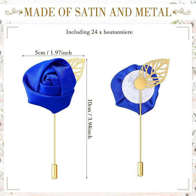 Zeyune 24 Pcs Boutonniere Rose Boutonniere Wedding Buttonholes Pocket for Men Wedding for Prom Party(Blue)