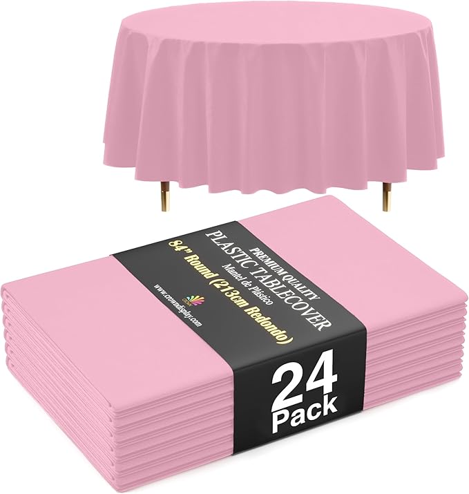 Exquisite 66% Thicker Premium Pink Round Tablecloth 0.5 Mil 24 Pack Plastic Table Cloth Disposable 84 Inch Round Plastic Tablecloth Won't Tear Easily Like Cheap Thin Brands