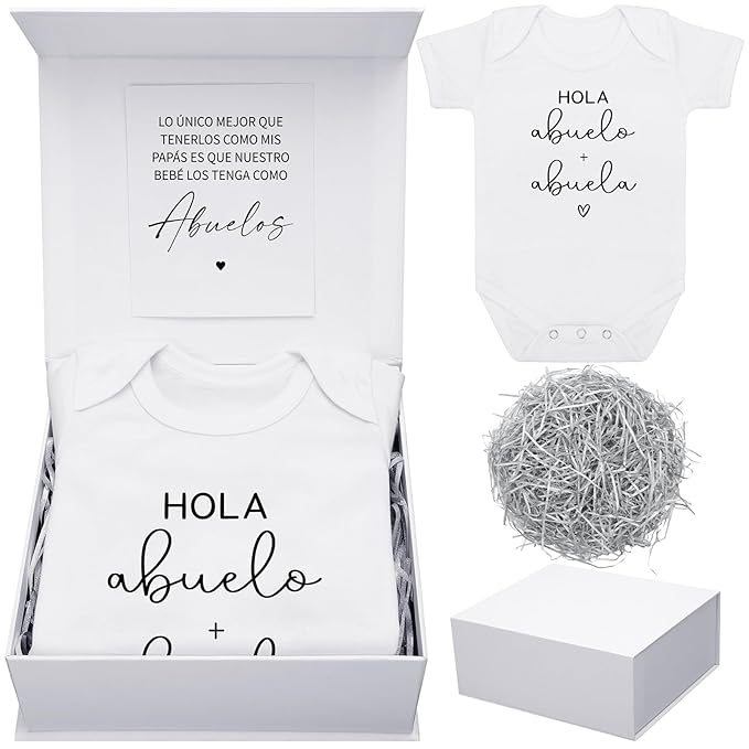 4 Pcs Pregnancy Announcement for Abuelos, Hola Abuelos Baby Bodysuit Pregnancy Reveal Card Baby Announcement Gift Box with Gifts Set