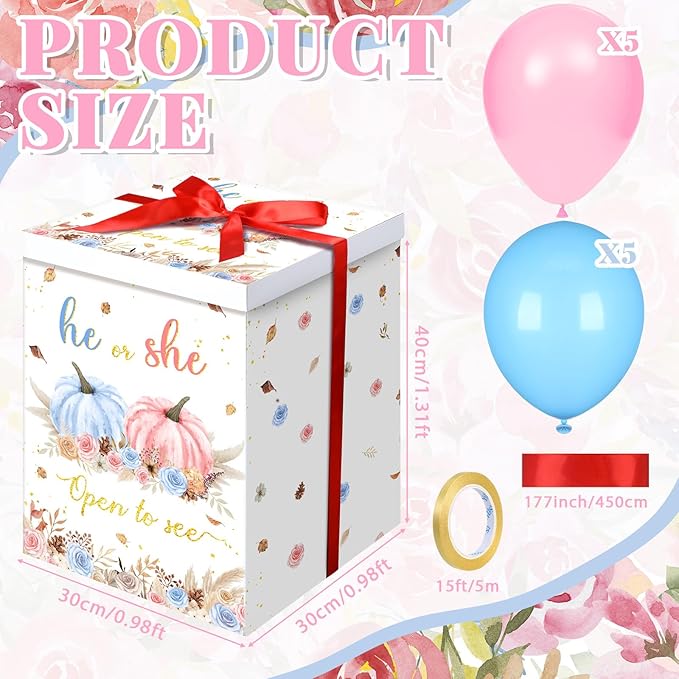 Hungdao Gender Reveal Balloon Box with Ribbon and 10 Pink and Blue Balloons Gender Reveal Games He or She Open to See for Party Decoration 12"x12"x16"(Fall Pumpkin)