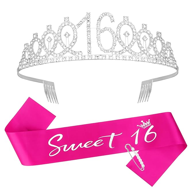 Casoty Sweet 16 Birthday Sash and Tiara, 16th Birthday Decorations for Girls, 16th Birthday Crown and Sash Set, Sweet 16 Party Supplies for Girls, Gifts for Her