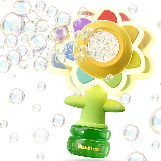 Rechargeable Flower Bubble Guns for Kids W/LED Lights & 10 Refill Solutions, Fun Swing Dance Bubble Maker Machine Blower Blaster Toys,Outdoor Summer Play, Easter, Birthday Party Favors & Gifts Yellow