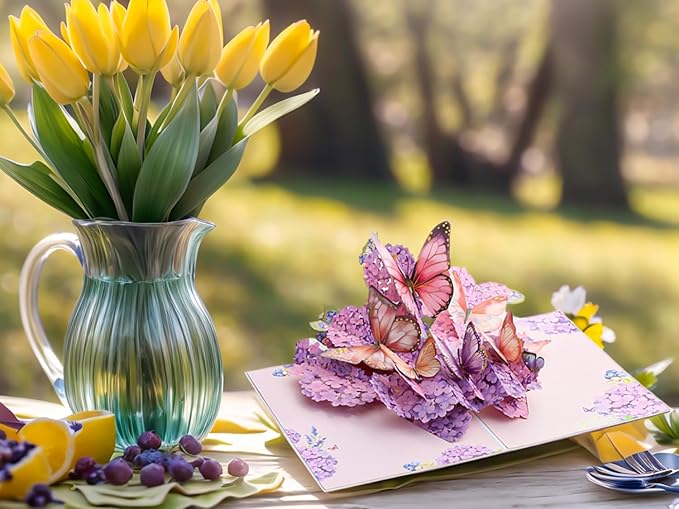Purple Hydrangea and Butterfly Pop-Up Card, Romantic Floral Greeting Card, Butterflies Flower Card for Birthdays, Anniversaries, Weddings, Thank You, and Special Occasions