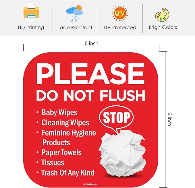 Please Do Not Flush Sign 10 Pack 6"x 6" Please Do Not Flush Anything Except Toilet Paper Sign Self Adhesive Decal