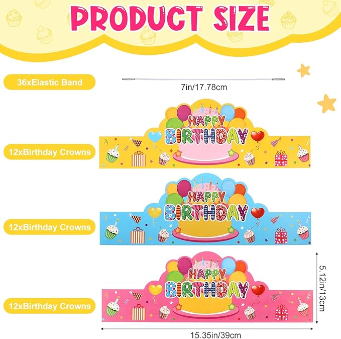 Yunsailing 36 Pcs Happy Birthday Crowns for Kids Paper Birthday Hat Crowns for Classroom Gifts Kids' Party(Pink, Yellow, Blue)