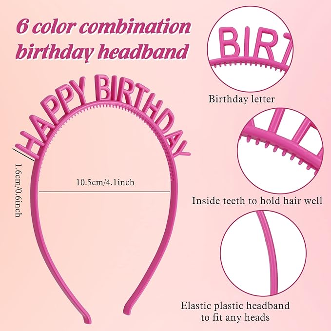 12 Pack/6 Pairs Candy Color Happy Birthday Headbands with Teeth Plastic Hair Hoops Bands Clasps Party Decoration Tiara Crowns Accessories for Toddlers Kids Teens Girls Women
