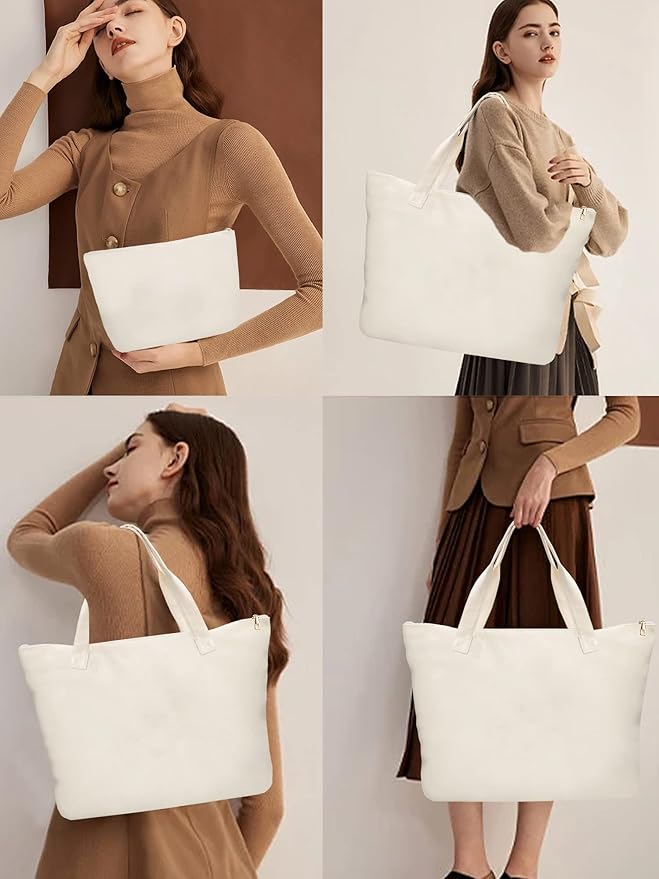 Blank Canvas Bags with Inner Pocket,Top Zipper Closure,Reusable Grocery Shopping Bag with Make Up Bag,DIY Gifts Tote Bag for Women Friends White