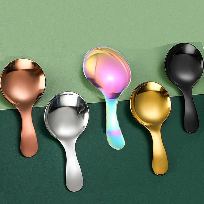 6 Pcs Stainless Steel Short Handle Thickened Small Round Spoons For Honey Candy Coffee Tea Salt Jam and Mustard - Ice Cream Dessert Spoon (B Chroma)