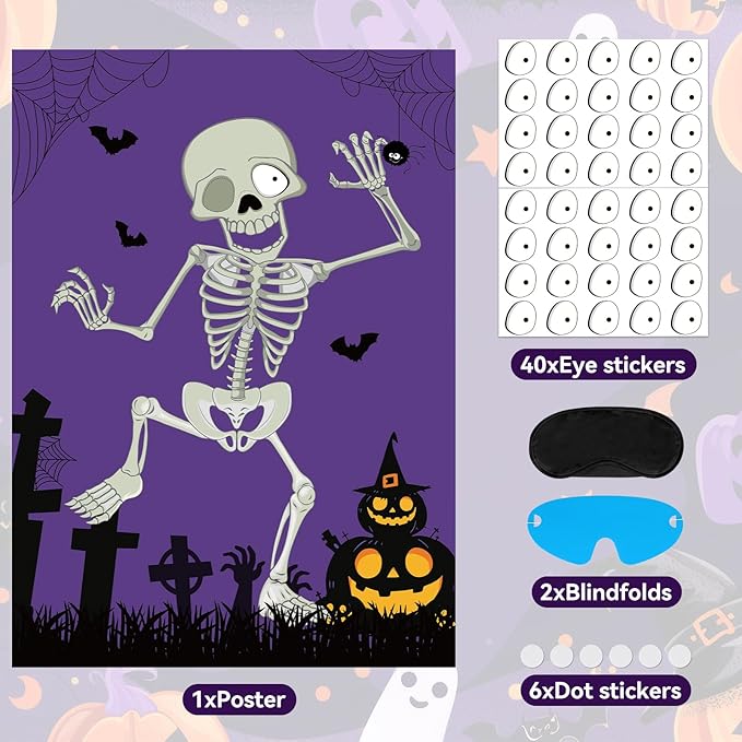 Hooqict Halloween Games for Kids Party Pin The Eyeball on The Mr.Bone Halloween Party Games Classroom Activities, Large Halloween Pin The Tail Game Poster with 40 Eyeball Stickers