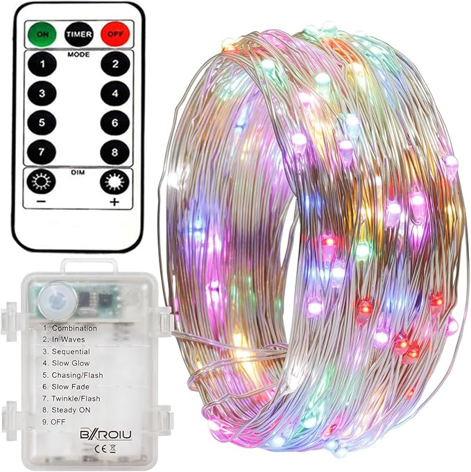 BXROIU 4 x Fairy Lights Battery Operated 8 Lighting Modes,50LEDs,16.4Ft/5 Meters Silver Wire String Lights,Timer Function,and Remote Control.for Christmas,Party,Wedding,Decorative Lighting