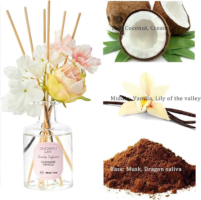 Chloefu Lan Cashmere Vanilla Reéd Diffuser Set with Flowers Reéd Diffuser Sticks, 6.7oz Scent Fragrance Essential Oil Diffuser for Bedroom Bathroom Home Décor Shelf Decor