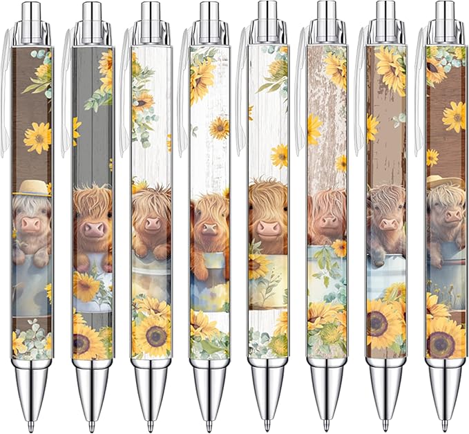 Idealmuzik 8 PCS Cute Highland Cow Print Pens, Cow Lovers Gifts, School Office Supplies, Gifts for Women Girls Teen Christmas New Year